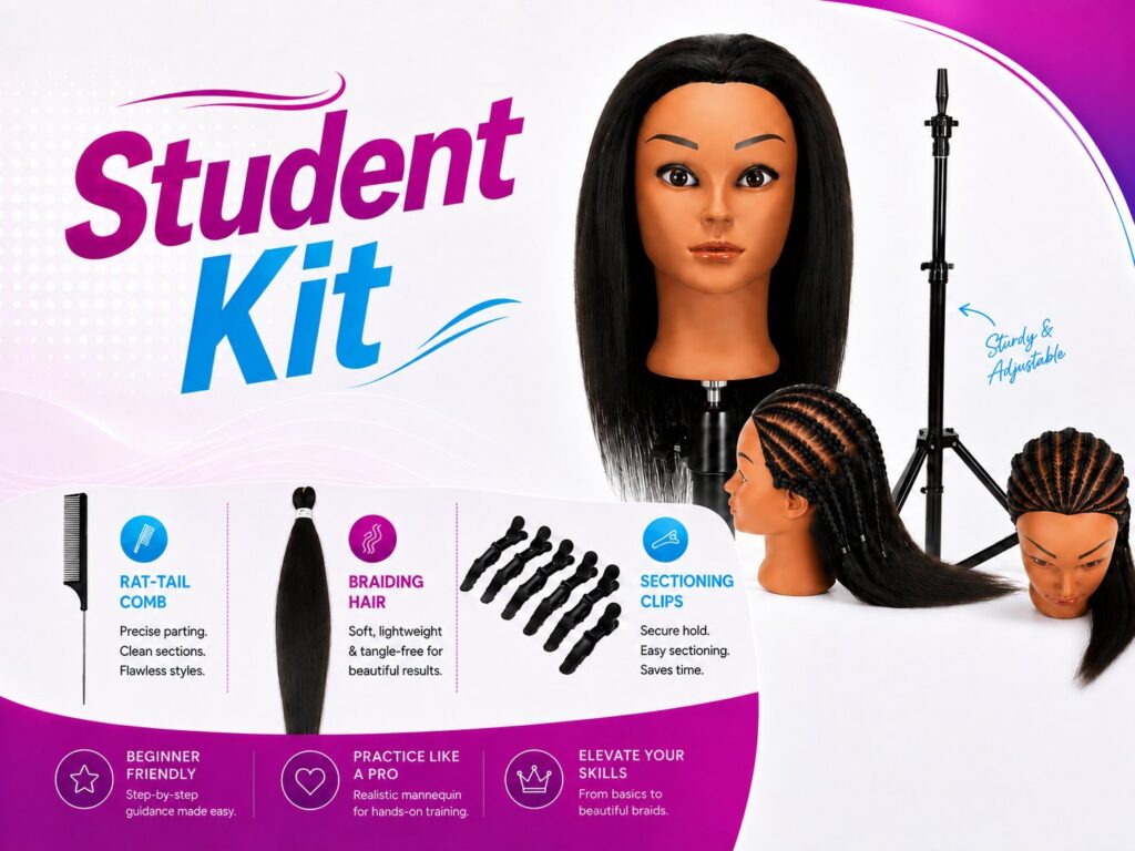 Student kit graphic listing the mannequin head, tripod stand, sectioning clips, rat-tail comb and braiding hair