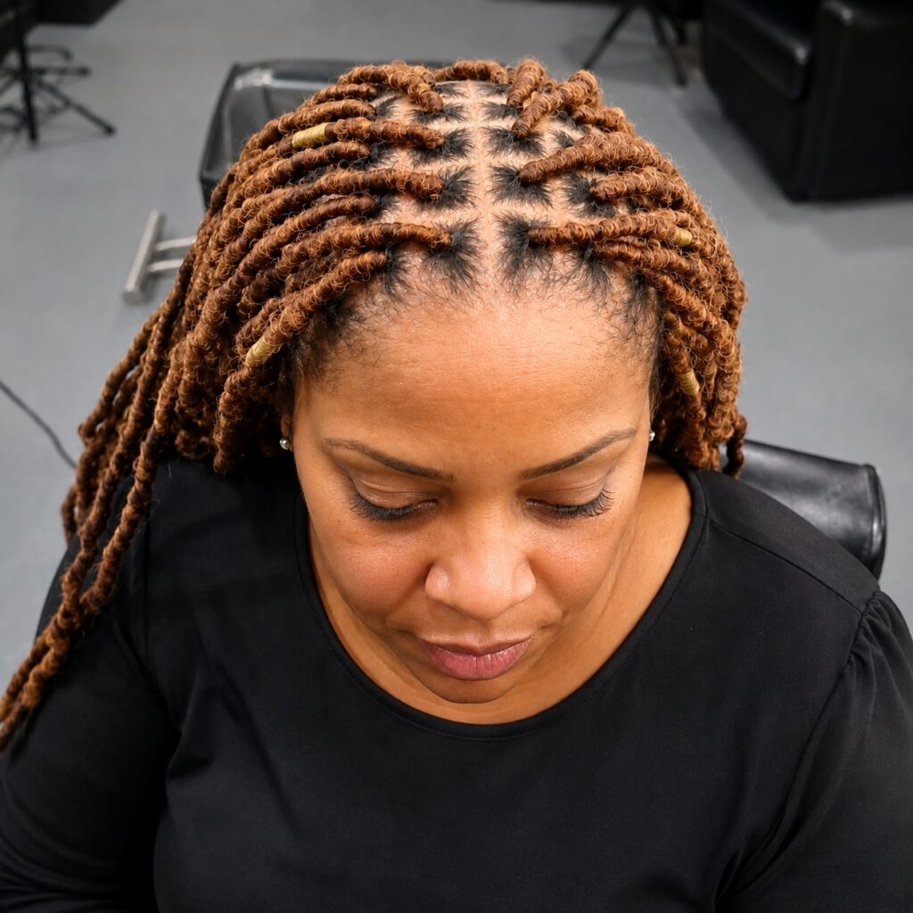 Freshly retwisted copper locs with gold hair cuffs, seen from above