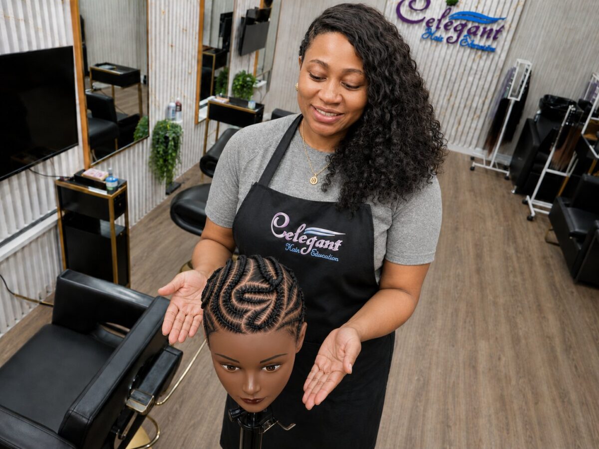 Dr. Tina presenting a finished set of cornrows on a mannequin head