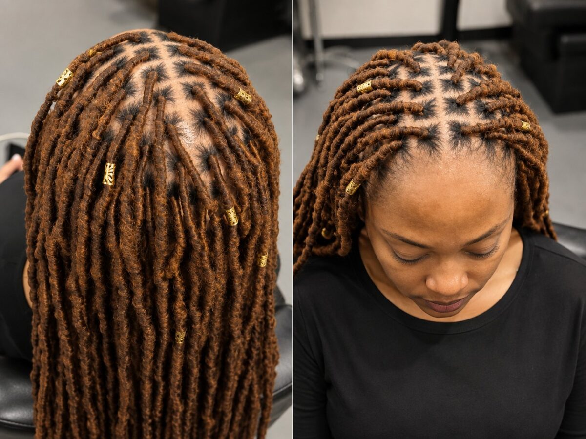 Singles crochet: faux locs installed with a crochet hook over a braided base