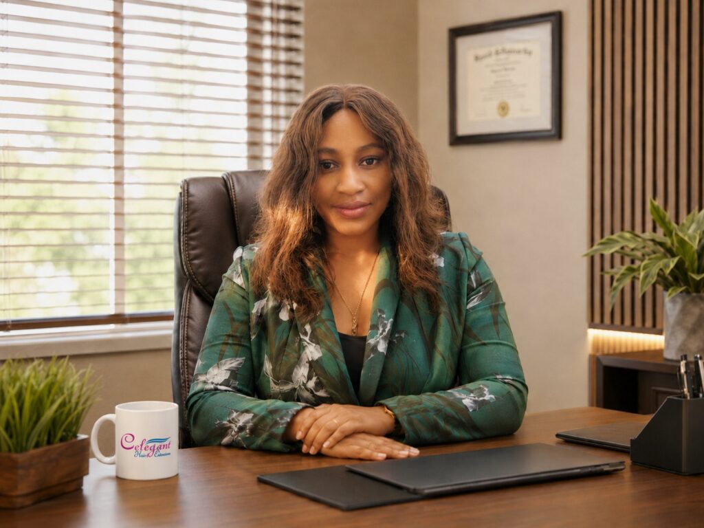 Dr. Tina at her desk with a laptop and the Celegant salon service price list