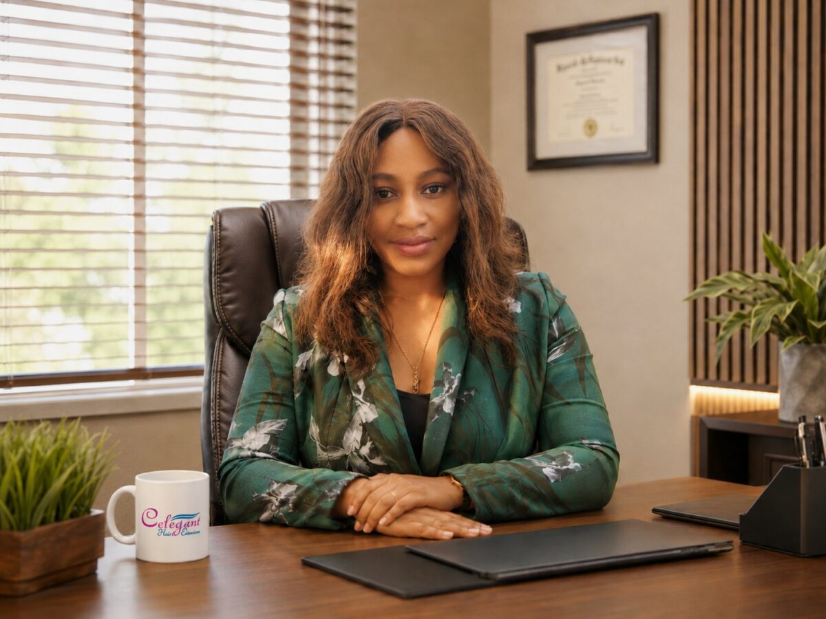 Dr. Tina at her desk with a laptop and the Celegant salon service price list