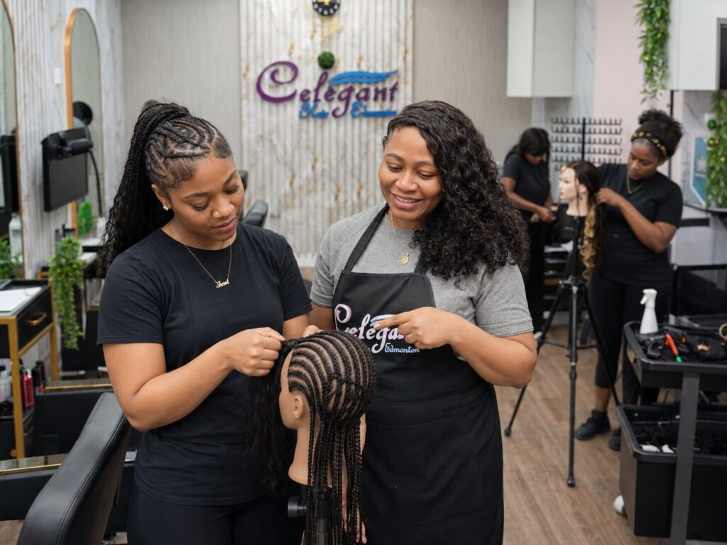Dr. Tina guiding a student braiding a mannequin head in the Celegant classroom