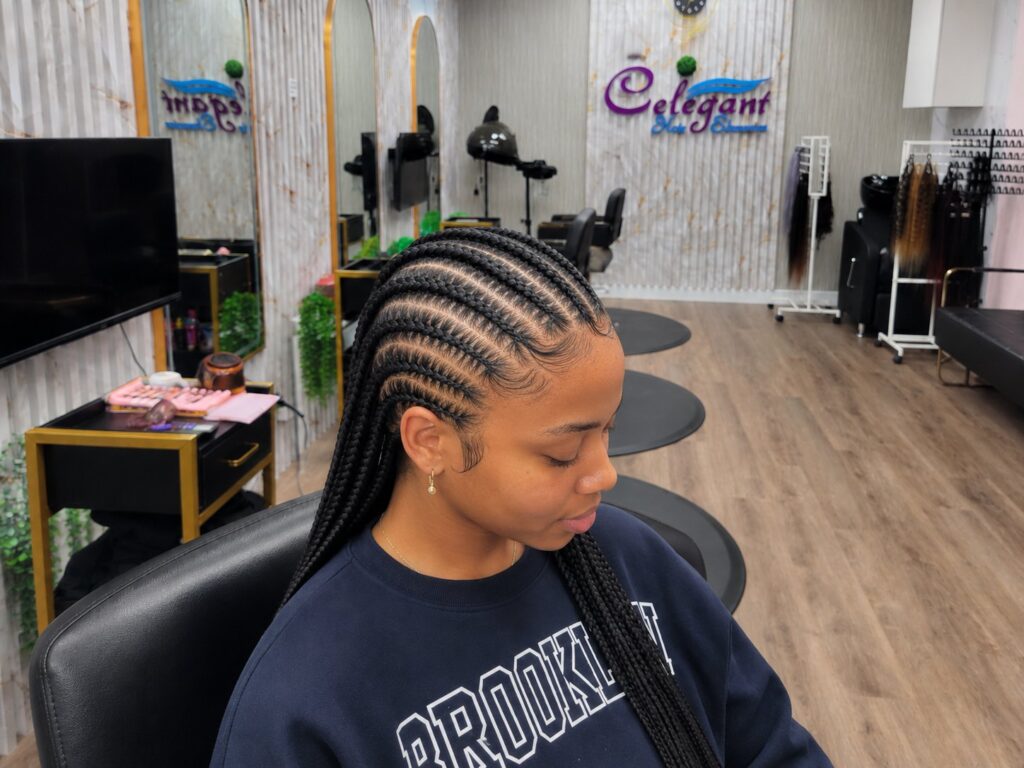 Finished cornrows with feed-in braids