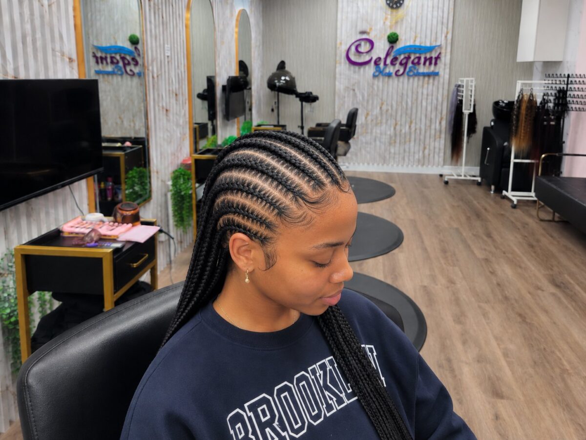 Finished cornrows with feed-in braids