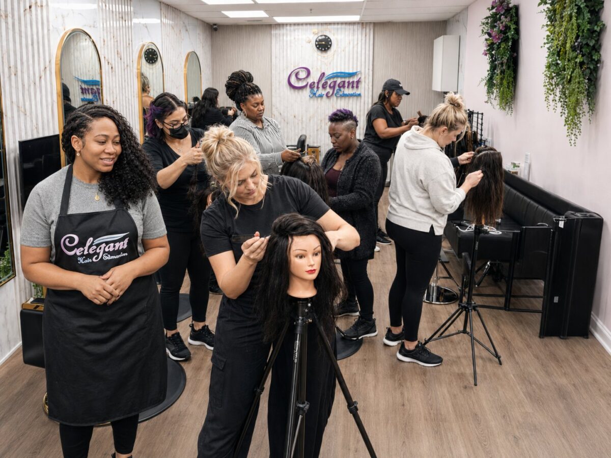 A class practising on mannequin heads at tripod stands with their instructor
