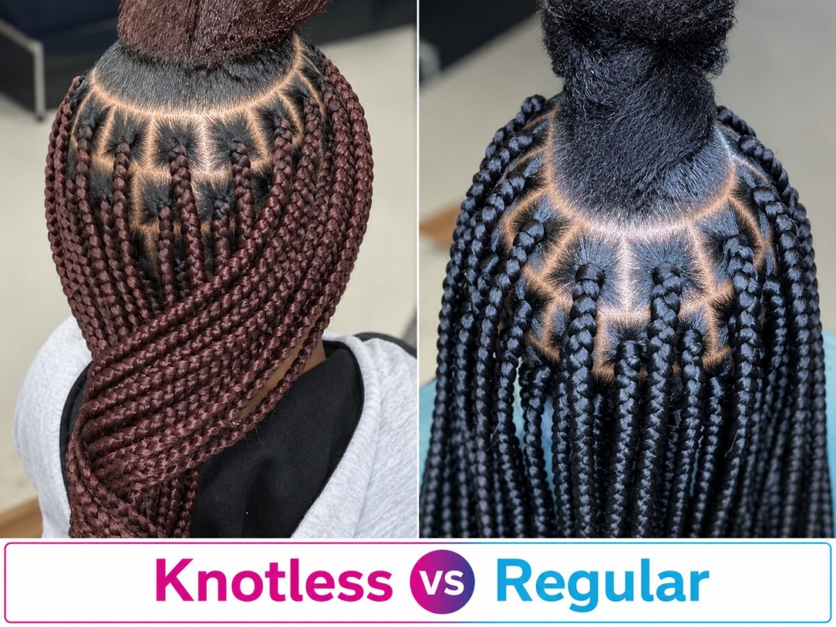 A knotted start beside a knotless start at scalp level, showing the difference at the root