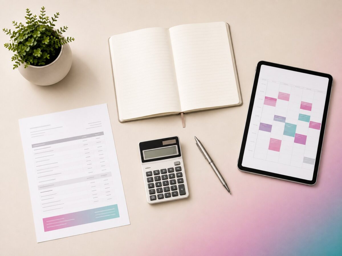Salon business planning materials: a notebook, price list, calculator and appointment calendar