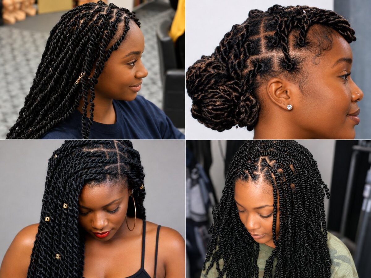 Four twist types in one frame: passion, Senegalese, Marley and spring twists