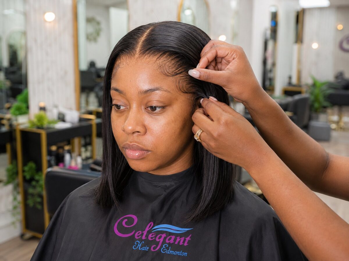 A client just after a frontal wig install, showing the finished hairline